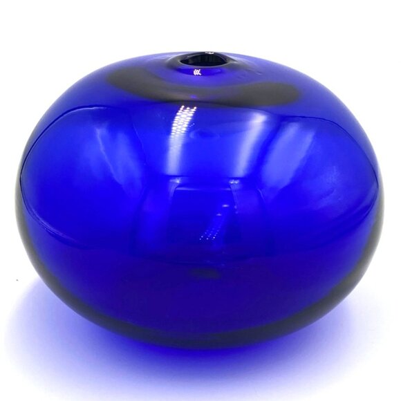 Cobalt Blue Blown Glass Bud Vase Oil Lamp Round Vibrant Bulbous - Picture 2 of 5